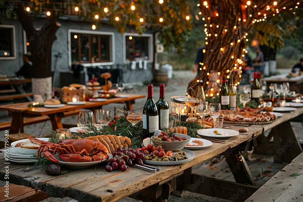 Wooden table decorated with plates of food and wine bottles