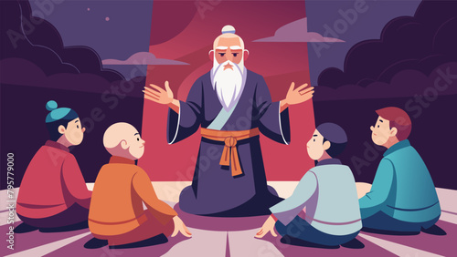 A wise old master imparting timeless wisdom and philosophy to his eager students emphasizing the importance of discipline respect and inner