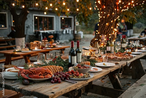 Wooden table decorated with plates of food and wine bottles © Mari