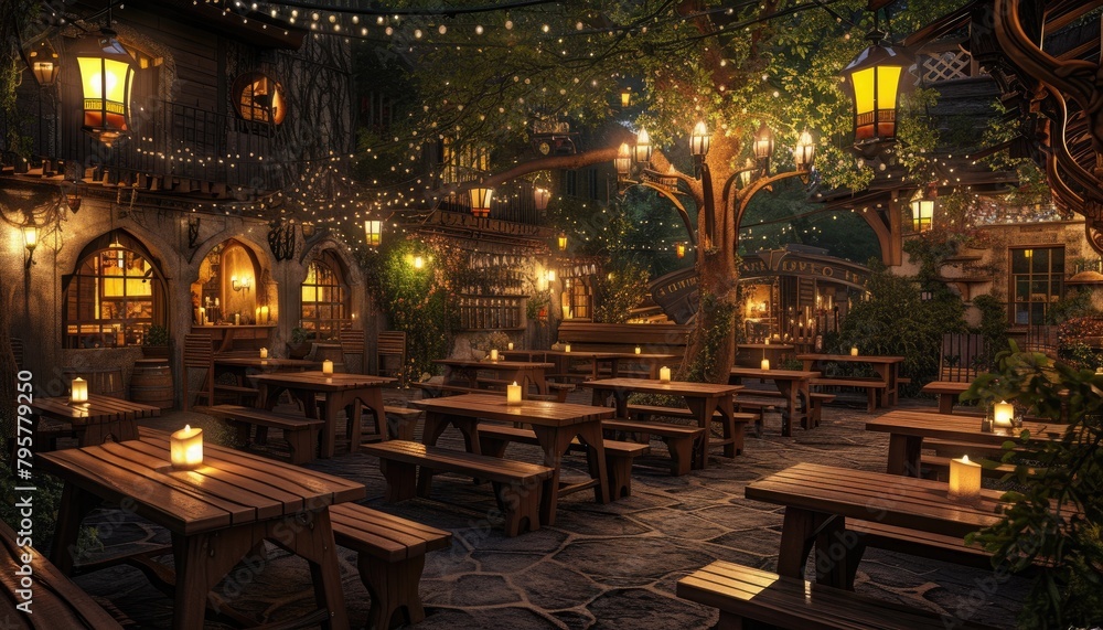 Night café nestled in garden glow with enchanting lanterns, offering magical ambiance under the stars. 🌙🏞️🕯️