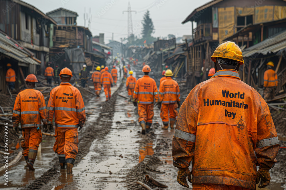 Rescue workers in orange suits walk through a muddy disaster zone, Rescue workers in orange suits walk through a muddy disaster zone,