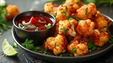 Crispy Cauliflower Bites with Lime Ketchup: A Delicious Vegetarian Snack Option. Concept Vegetarian Snack, Cauliflower Recipe, Lime Ketchup, Crispy Bites, Tasty Appetizer