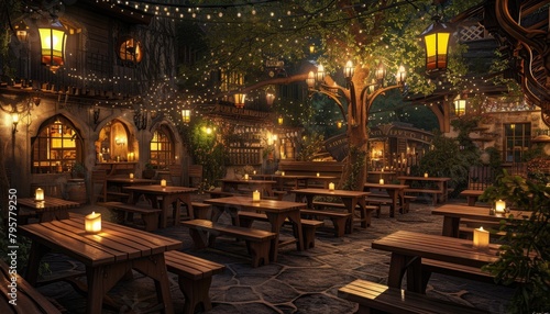 Night café nestled in garden glow with enchanting lanterns, offering magical ambiance under the stars. 🌙🏞️🕯️