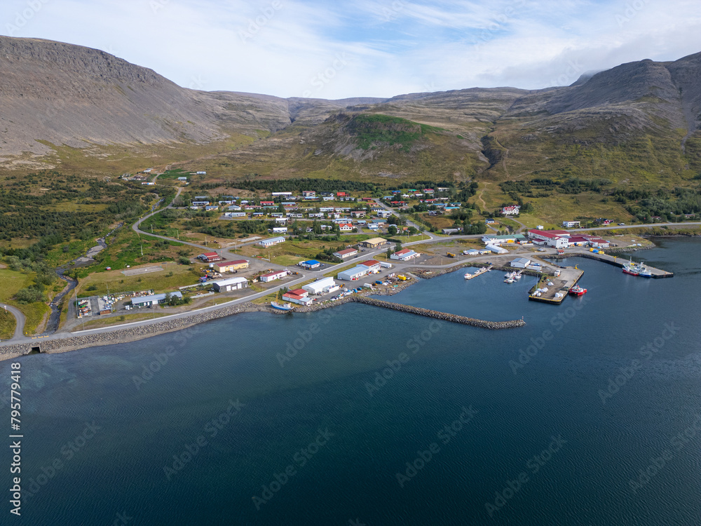 Aerial view of town of Talknafjordur in the Icelandic westfjords