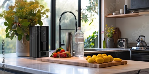 Modern kitchen interior features a home water filter system for clean, refreshing water straight from the tap. 💧🏠 photo