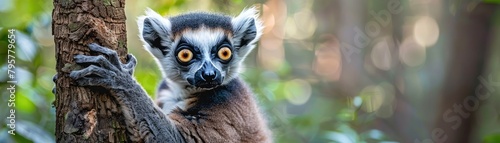 A curious lemur with striking eyes clings to a tree in the forest photo