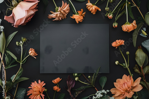 Stylish elegant flat lay black floristic greeting invitation post card with copy space mockup.