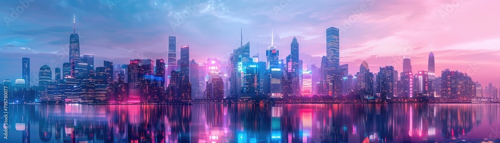 A vibrant, neon-lit futuristic cityscape with skyscrapers and reflections