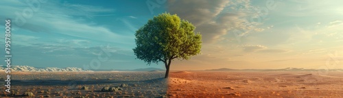 A single green tree stands at the division of a lush oasis and a barren desert photo
