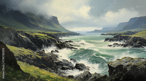 Beautyful coast line with rocky cliffs, waves and clouds