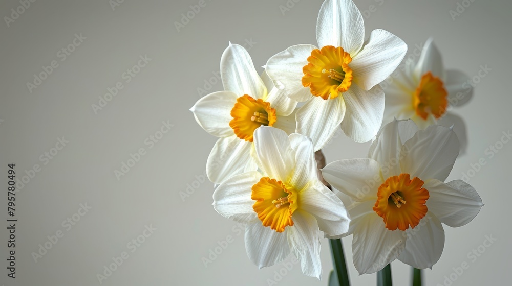 Fototapeta premium A white table hosts a vase filled with white and yellow blooms against a crisp white wall backdrop