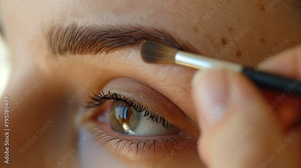 Makeup artist applying mascara on eyes of a beautiful young woman.