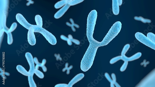 Y chromosome on dark background. Blue color. 3d illustration.