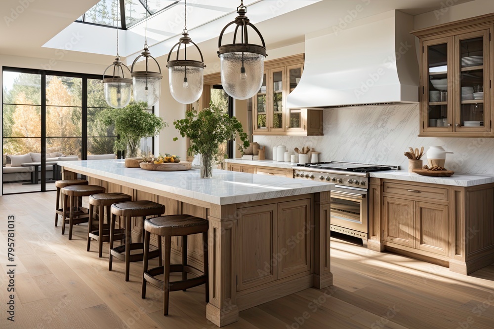 Classic Elegant Kitchen with Wooden Details and Bar Stools