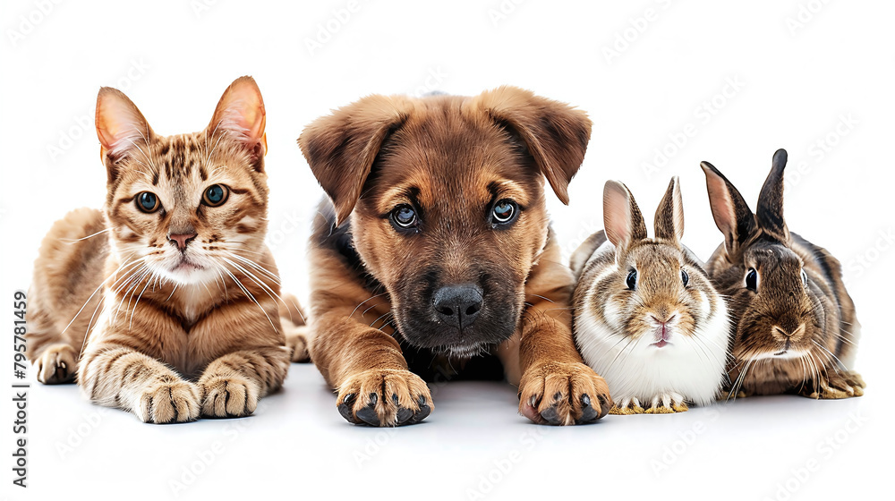 row of pets like cat, dog, bunny and guina pig isolated against white background row of pets like cat, dog, bunny and guina pig isolated against white background