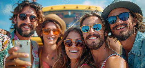 Joyful Friends Taking a Group Selfie on a Sunny Beach Day © LAJT