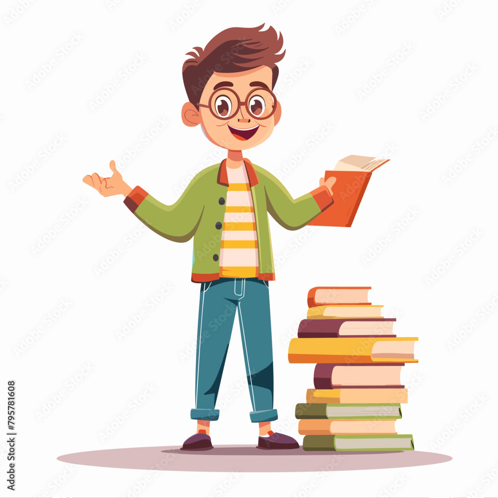 A young boy is standing in front of a stack of books, smiling A young boy is standing in front of a stack of books, smiling