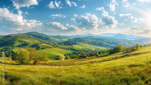 Beautiful rural scenery grassy field and rolling hills countryside at sunny springtime. AI generated