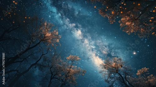 Beautiful panoramic milky way and the trees at night sky view. AI generated image