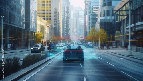 A car drives down the road in Shanghai's Lujiazui Financial Centre, with towering skyscrapers lining the street. 🚙🏙️ The modern architecture and vibrant city lights reflect the bustling energy of photo