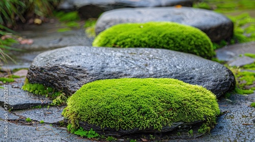 A rock covered in moss sits on a path © Dionisio