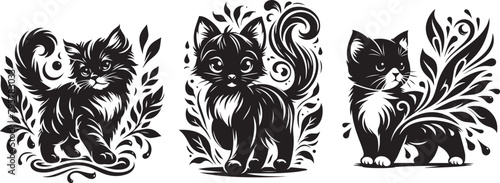 cat black decoratiion vector, animal shape silhouette decorative vector, monochrome print clipart illustration, laser cutting engraving nocolor