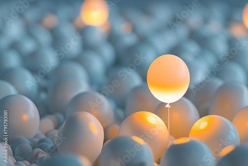 glowing light balloon standing out from white balloons uniqueness and difference concept 3d rendering