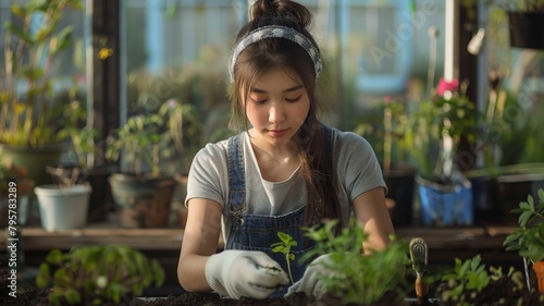 asian woman working in a greenhouse