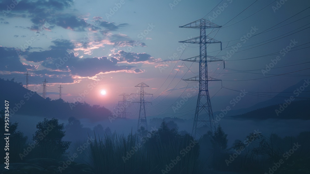 Panoramic view of high power transmission towers at dusk sunset scene landscape. AI generated