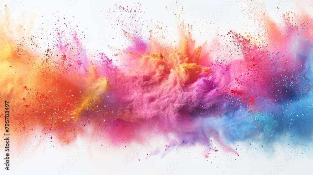 Сolorful rainbow holi paint color powder explosion isolated on white, panorama background with free place for text