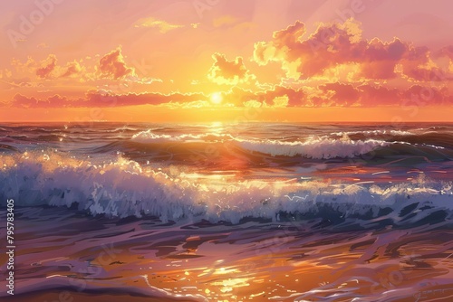 golden sunrise over calm ocean waves peaceful morning mood digital painting © Lucija
