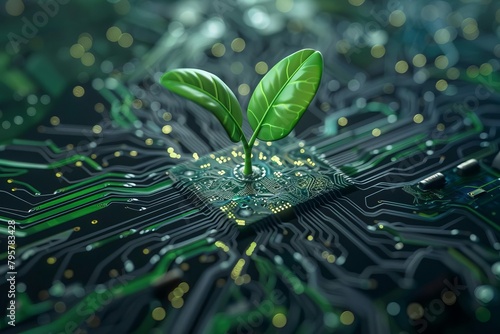 green sprout growing on computer chip organic digital fusion generative ai concept