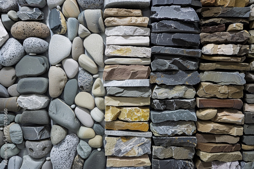 A collection of various decorative stones, showing smooth, rough, and layered textures ideal for wall decoration and accents.