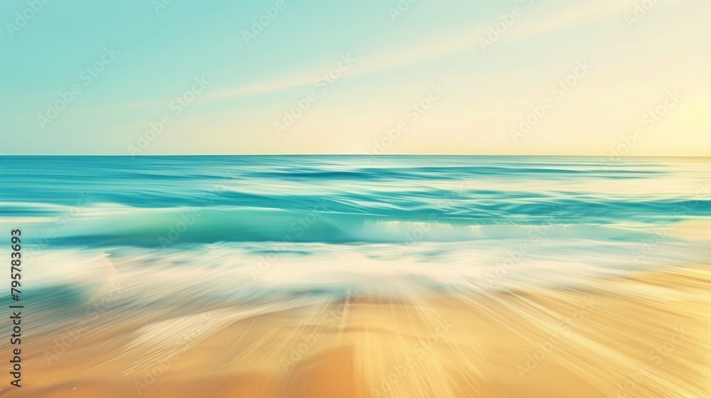 Panoramic sunset on the beach seascape with abstract motion blur effect. AI generated image
