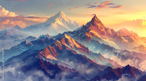 A majestic mountain range at dawn, peaks bathed in golden light, mist swirling in the valleys below, a sense of awe and wonder at the grandeur of nature.