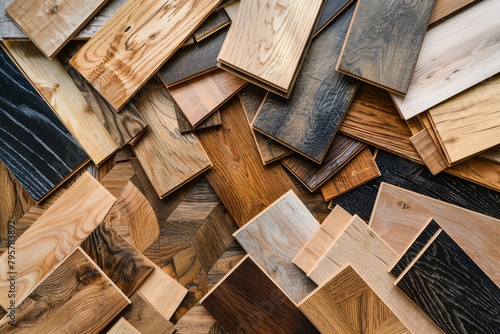 Various natural-colored parquet and laminate flooring samples are displayed on a dark oak background in an overlapping arrangement.