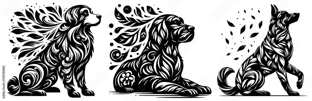 black dog decoratiion vector, animal shape silhouette decorative vector, monochrome print clipart illustration, laser cutting engraving nocolor