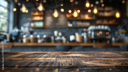 Cozy café ambiance with empty wooden table upfront and blurred background photo