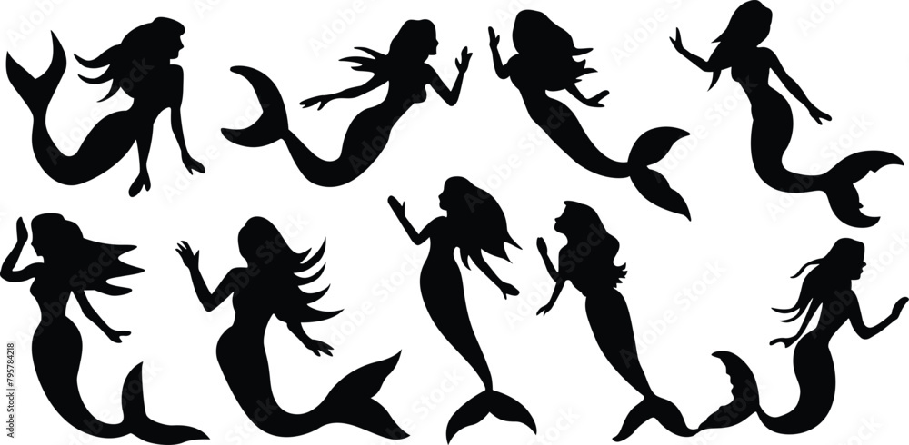 Set of mermaid silhouettes. Vector illustration Set of mermaid silhouettes. Vector illustration