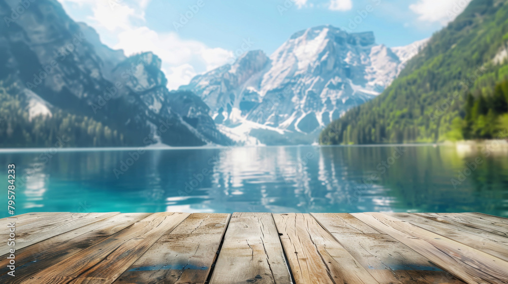Inviting wooden deck with a serene view of a mountain lake and majestic peaks Inviting wooden deck with a serene view of a mountain lake and majestic peaks