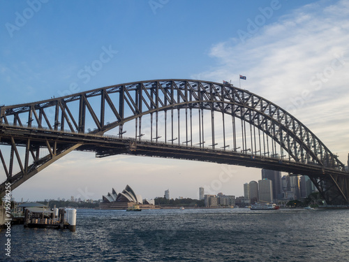 Sydney Harbour Bridge and the cityscape below seen from Milsons Point
