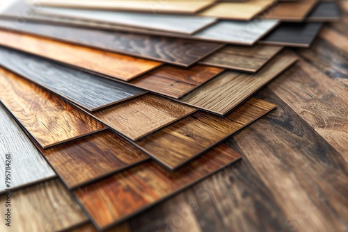Various square samples of wood laminate flooring and vinyl tiles displayed in an overlapping pattern, showcasing multiple colors and textures. photo