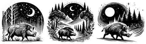 wild boar in the forest at night, decoration black animal shape silhouette vector, monochrome print clipart illustration, laser cutting engraving nocolor photo