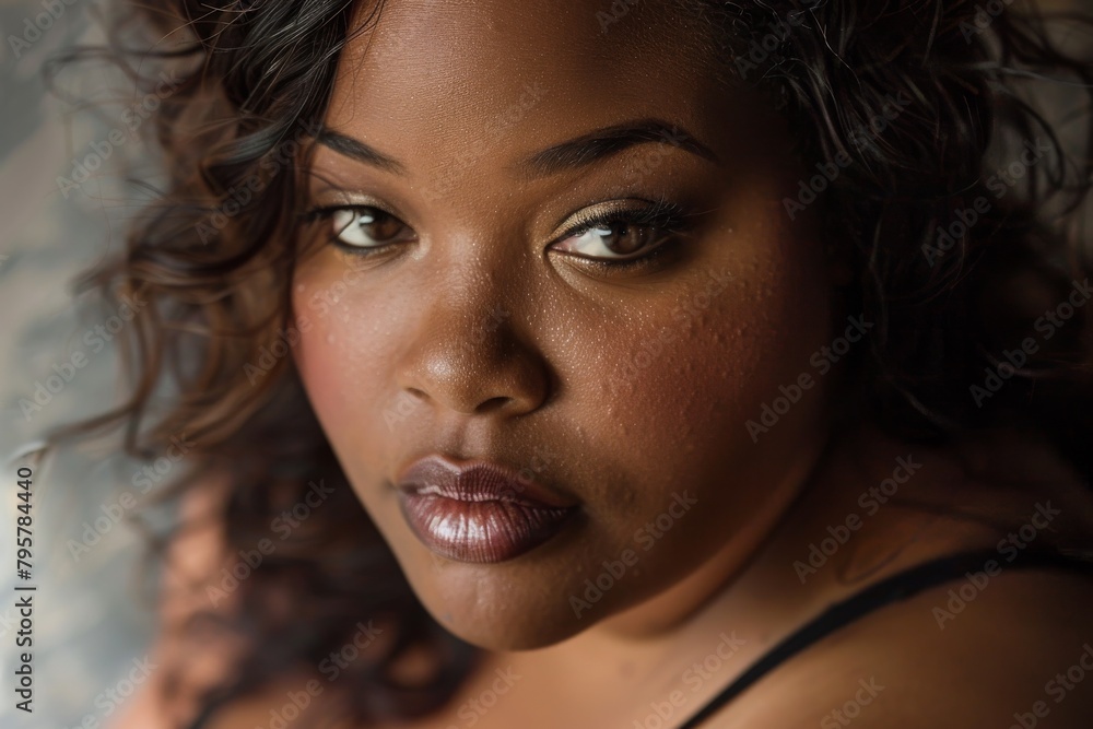 A portrait showcasing a woman's confidence and beauty with a focus on her expressive eyes and full lips A portrait showcasing a woman's confidence and beauty with a focus on her expressive eyes and full lips