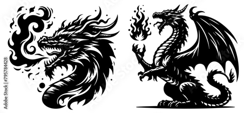 dangerous dragon and fire, black animal shape silhouette vector, monochrome print clipart illustration, laser cutting engraving nocolor