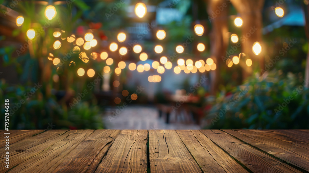 Warm lights create a magical atmosphere perfect for product presentation on a wooden table Warm lights create a magical atmosphere perfect for product presentation on a wooden table