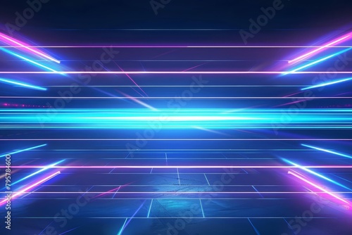 horizontal neon beams on blue technology background abstract illustration