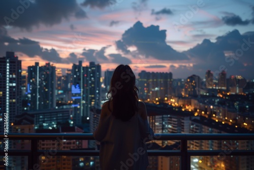 Capturing the peaceful solitude of a woman gazing out at the city skyline during the magical hours of twilight