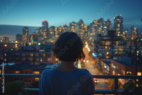 A single individual is silhouetted against the vibrant night lights of a bustling cityscape  invoking a sense of contemplation