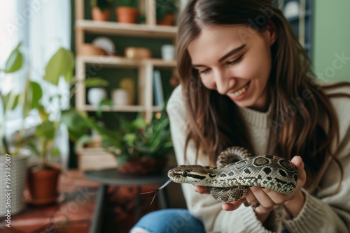 A woman in a cozy sweater is seen interacting with a pet snake amid houseplants  showcasing a bond with exotic pets
